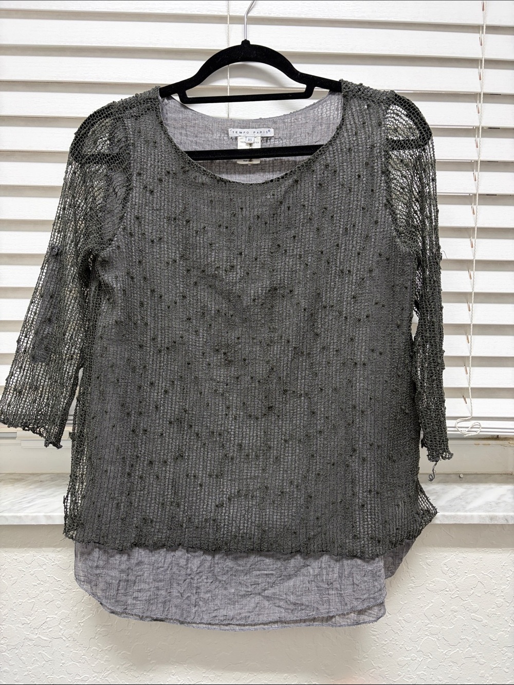 Tempo Paris Gray Open-Knit Layered Tunic